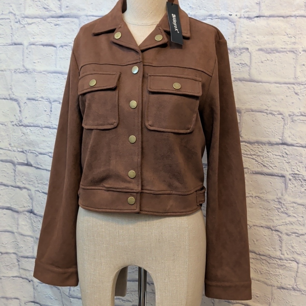 NWT Allegra K Faux Suede Brown Cropped Moto Jacket Size Medium - Picture 4 of 9